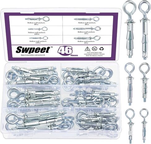 Swpeet 46Pcs M4x32mm M4x38mm M5x37mm M5x52mm M6x52mm M6x65mm C-shape Heavy Duty Hollow Wall Anchor Set, Hollow Drive Wall Anchor Screws Assortment Kit for Drywall Hollow Wall Plaster Walls in Saudi Arabia