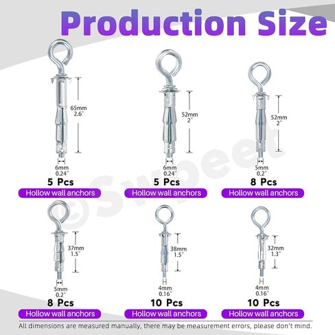 Swpeet 46Pcs M4x32mm M4x38mm M5x37mm M5x52mm M6x52mm M6x65mm C-shape Heavy Duty Hollow Wall Anchor Set, Hollow Drive Wall Anchor Screws Assortment Kit for Drywall Hollow Wall Plaster Walls in Saudi Arabia