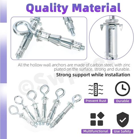 Swpeet 46Pcs M4x32mm M4x38mm M5x37mm M5x52mm M6x52mm M6x65mm C-shape Heavy Duty Hollow Wall Anchor Set, Hollow Drive Wall Anchor Screws Assortment Kit for Drywall Hollow Wall Plaster Walls in Saudi Arabia