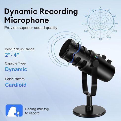 Dynamic Microphone, XLR/USB Podcast Microphone with Desktop Stand,Mute Button, Headphone Jack, Gain Knob & Volume Control,Gaming Microphone forPodcasting,Recording,Live Streaming,Voice-Over in Kuwait