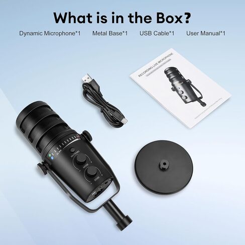 Dynamic Microphone, XLR/USB Podcast Microphone with Desktop Stand,Mute Button, Headphone Jack, Gain Knob & Volume Control,Gaming Microphone forPodcasting,Recording,Live Streaming,Voice-Over in Kuwait