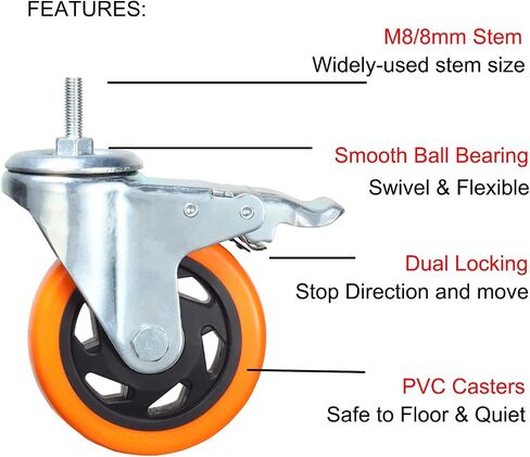 Stem Caster Wheels Heavy Duty Casters PVC M8-1.25x1″ (Stem Diameter 8mm, Stem Length:1″) Casters with Brake Dual Locking for Home, Office, Industry use (2 Inch, with Brake) in Saudi Arabia