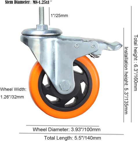 Stem Caster Wheels Heavy Duty Casters PVC M8-1.25x1″ (Stem Diameter 8mm, Stem Length:1″) Casters with Brake Dual Locking for Home, Office, Industry use (2 Inch, with Brake) in Saudi Arabia