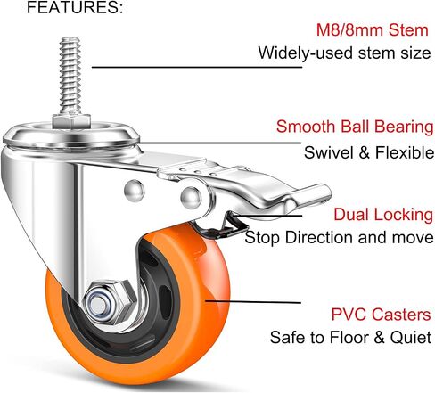 Stem Caster Wheels Heavy Duty Casters PVC M8-1.25x1″ (Stem Diameter 8mm, Stem Length:1″) Casters with Brake Dual Locking for Home, Office, Industry use (2 Inch, with Brake) in Saudi Arabia