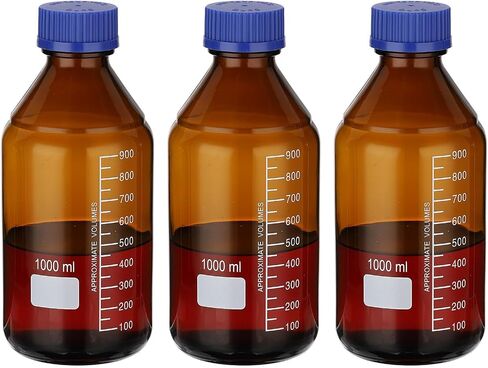 PATIKIL 3 Pack Reagent Media Storage Bottles, 50ml Borosilicate Glass Graduated Round Bottles with GL32 Blue Screw Cap for Lab Water Reagent Liquids, Amber in Saudi Arabia