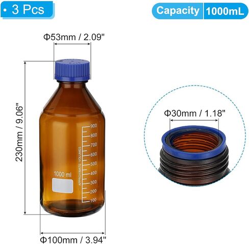 PATIKIL 3 Pack Reagent Media Storage Bottles, 50ml Borosilicate Glass Graduated Round Bottles with GL32 Blue Screw Cap for Lab Water Reagent Liquids, Amber in Saudi Arabia