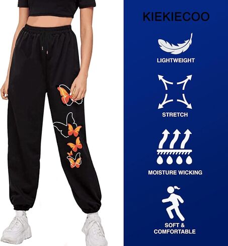 بنطلون رياضي KIEKIECOO برسومات مطبوعة على شكل فراشة مع جيوب ورباط عالي الخصر للنساء خفيف الوزن وفضفاض in Kuwait