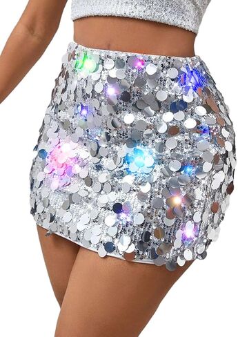 REETAN Light up Sequin Sparkly Skirts LED Music Dance Skirt Rave Club Disco Skirt Costume for Women and Girls in Kuwait