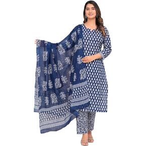 Meera Fab Women's Cotton Printed Straight Kurta With Palazzo & Dupatta Set