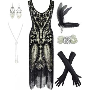 Women's 1920s Flapper Fringe Beaded Great Gatsby Party Dress with Costume Set in Kuwait