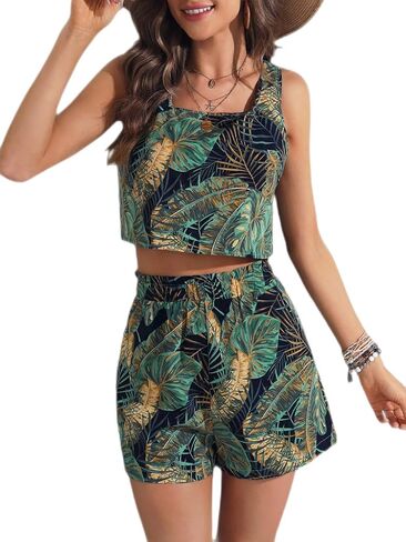 Verdusa Women's 2pcs Square Neck Tropical Print Split Back Top & Shorts in Saudi Arabia