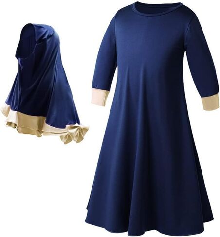 FYMNSI Muslim Clothes for Girls Kids Abaya Long Sleeve Dress with Cotton Full Cover Hijab Islamic Kaftan Prayer Dresses 2PCS in Kuwait