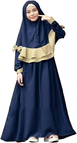 FYMNSI Muslim Clothes for Girls Kids Abaya Long Sleeve Dress with Cotton Full Cover Hijab Islamic Kaftan Prayer Dresses 2PCS in Kuwait