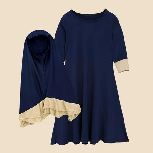 FYMNSI Muslim Clothes for Girls Kids Abaya Long Sleeve Dress with Cotton Full Cover Hijab Islamic Kaftan Prayer Dresses 2PCS in Kuwait