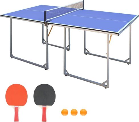 Foldable Table Tennis Table, Mid-Size 6' x 3' Table Tennis Table with 2 Paddles, Game Net and 3 Balls, Compact for Space Saver, Portable Junior Teenagers Ping Pong Table in Kuwait