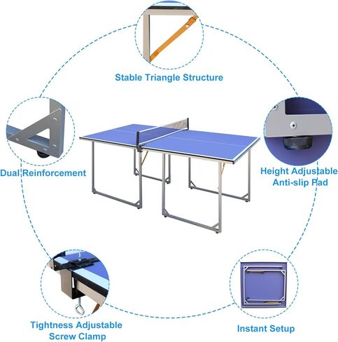 Foldable Table Tennis Table, Mid-Size 6' x 3' Table Tennis Table with 2 Paddles, Game Net and 3 Balls, Compact for Space Saver, Portable Junior Teenagers Ping Pong Table in Kuwait