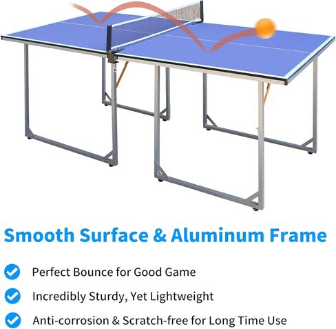 Foldable Table Tennis Table, Mid-Size 6' x 3' Table Tennis Table with 2 Paddles, Game Net and 3 Balls, Compact for Space Saver, Portable Junior Teenagers Ping Pong Table in Kuwait