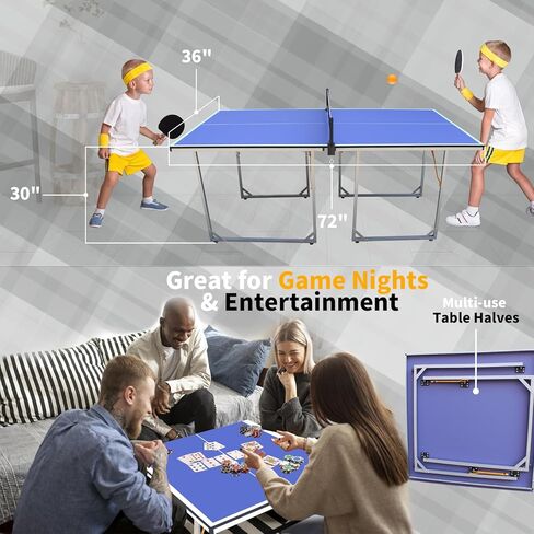 Foldable Table Tennis Table, Mid-Size 6' x 3' Table Tennis Table with 2 Paddles, Game Net and 3 Balls, Compact for Space Saver, Portable Junior Teenagers Ping Pong Table in Kuwait