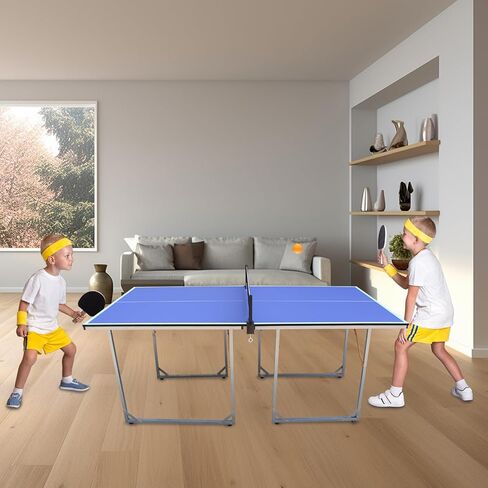 Foldable Table Tennis Table, Mid-Size 6' x 3' Table Tennis Table with 2 Paddles, Game Net and 3 Balls, Compact for Space Saver, Portable Junior Teenagers Ping Pong Table in Kuwait
