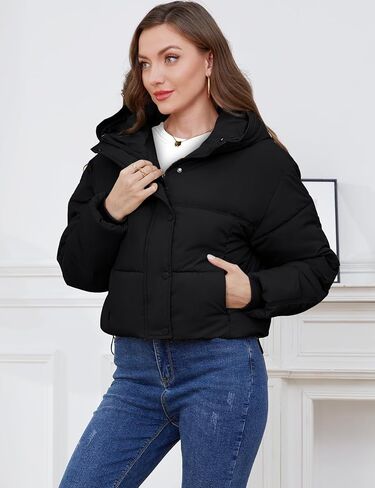 Gihuo Women's Cropped Puffer Jacket Zip Up Hooded Quilted Jackets Winter Short Padded Coat Outerwear in Kuwait