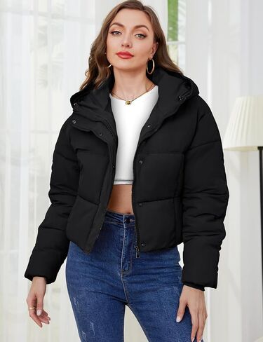 Gihuo Women's Cropped Puffer Jacket Zip Up Hooded Quilted Jackets Winter Short Padded Coat Outerwear in Kuwait