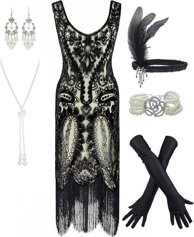 Women's 1920s Flapper Fringe Beaded Great Gatsby Party Dress with Costume Set in Kuwait