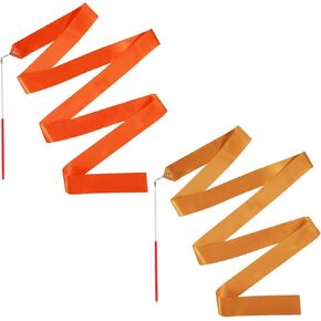 SAVITA 2PCS Dance Ribbons, 78.7 Inch Long Ribbon Streamers Gymnastics Ribbon Streamers with Ribbon Dancer Wand, Twirling Ribbons for Dancers, Play, Gymnastics, Training (Orange, Khaki)