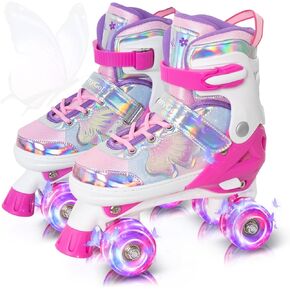 MammyGol Kids Roller Skates for Girls or Boys, Adjustable Roller Skates for Children with Beautiful Butterflies, Beginners 3-16 Years Old Light up Quad Skates Indoor Outdoor