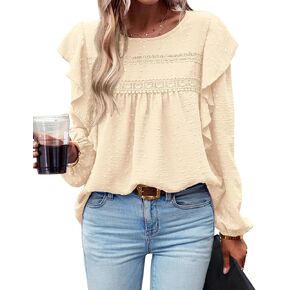 BTFBM Women's Casual Long Sleeve Blouse Ruffle Trim Crew Neck Crochet Loose Swiss Dot Flowy Babydoll Shirts Tunic Tops
