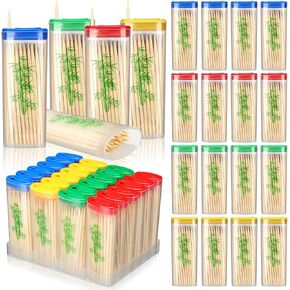 48 Packs Toothpick Dispenser Bamboo Toothpicks Wooden with Reusable Toothpick Holder, Toothpick Travel Holder Storage Containers, Sturdy Finish Tooth Pick for Fruit, Teeth Cleaning, 2400pcs