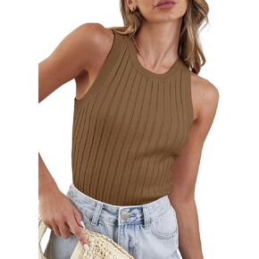 Dokotoo Womens Tank Tops 2024 Summer Sleeveless High Neck Ribbed Knit Slim Fitted Basic Solid Cami Tee Shirts