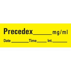 AN-24 "Precedex mg/mL" Removable Anesthesia Tape with Date, Time and Initial, 1" Core, 1/2" Width, 500" Length, Yellow
