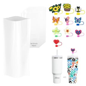 Daily Treasures 50pcs Sublimation Shrink Wrap Sleeve Set (with 10pcs Cute Straw Cover Caps),5×10"Heat Shrink Wrap,White Bag Heat Shrink Film,Sublimation Wraps For 20oz Tumblers Mugs Cups Jars Cosmetic