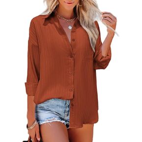 HOTOUCH Womens Button Down Shirt Casual Long Sleeves Loose fit Classic Collared Blouses Fasion Textured Top with Pockets