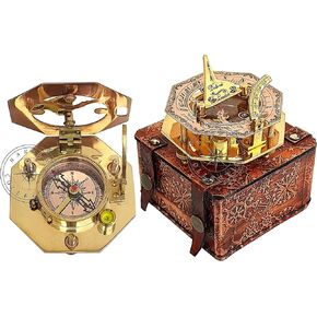 Polished Brass & Copper Sundial Compass, Antique Sun Dial Clock, Sun Clock in Leather Box Ship Replica Gift