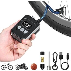 Bike Pump, GODIAG Mini Bike Tire Pump Portable Air Compressor Electric Bicycle Pump with LCD Gauge Fits Presta & Schrader Valve Type-C Tiny Air Pump Tire Inflator for Road Bike, Ball, Motorcycle