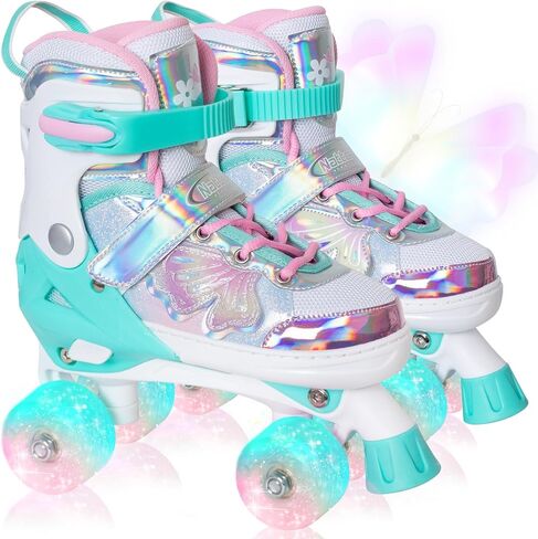 Nattork Kids Roller Skates for Girls Boys Kids, 4 Sizes Adjustable Quad Skates Butterfly and Flower with All Light up Wheels - Birthday Gift for Indoor Outdoor Sports in Saudi Arabia