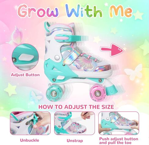 Nattork Kids Roller Skates for Girls Boys Kids, 4 Sizes Adjustable Quad Skates Butterfly and Flower with All Light up Wheels - Birthday Gift for Indoor Outdoor Sports in Saudi Arabia