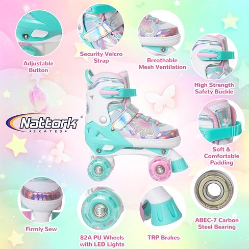 Nattork Kids Roller Skates for Girls Boys Kids, 4 Sizes Adjustable Quad Skates Butterfly and Flower with All Light up Wheels - Birthday Gift for Indoor Outdoor Sports in Saudi Arabia