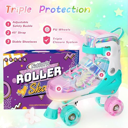 Nattork Kids Roller Skates for Girls Boys Kids, 4 Sizes Adjustable Quad Skates Butterfly and Flower with All Light up Wheels - Birthday Gift for Indoor Outdoor Sports in Saudi Arabia