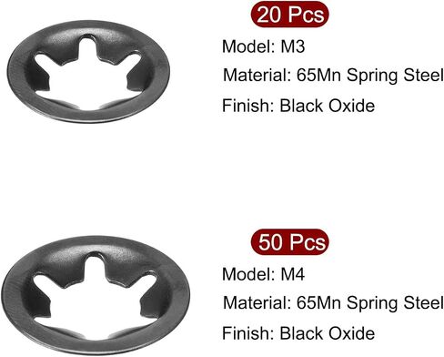 uxcell M3, M4 Internal Tooth Star Locking Washer Lock Washers Push on Locking Speed Clip, 65Mn Black Oxide Finish 70pcs in Saudi Arabia