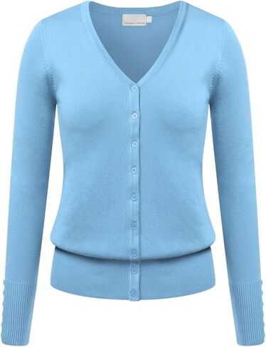 سترة صوفية كلاسيكية للنساء من COMFY WORLD برقبة على شكل حرف V وأزرار لأعلى، نسيج ناعم وأكمام طويلة مع أطراف أكمام بأزرار (S-XL) in Kuwait