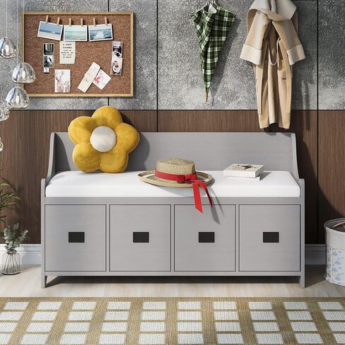 White Wood 1 White Rectangular Movable Cushion Storage Bench with Drawers and Backrest Shoe Bench - Unique Design, Multi-Purpose, Reliable Workmanship, Large Storage Space in Saudi Arabia
