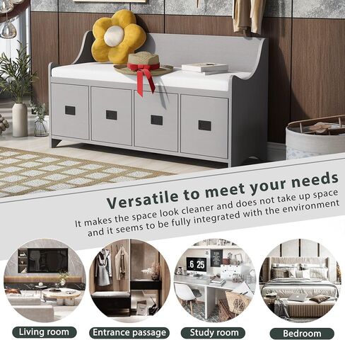 White Wood 1 White Rectangular Movable Cushion Storage Bench with Drawers and Backrest Shoe Bench - Unique Design, Multi-Purpose, Reliable Workmanship, Large Storage Space in Saudi Arabia