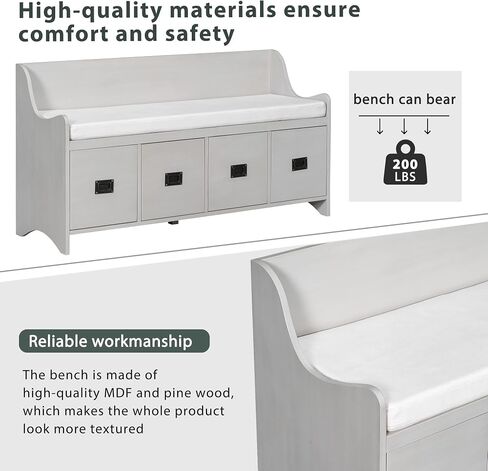 White Wood 1 White Rectangular Movable Cushion Storage Bench with Drawers and Backrest Shoe Bench - Unique Design, Multi-Purpose, Reliable Workmanship, Large Storage Space in Saudi Arabia
