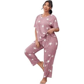 OYOANGLE Women's Puls 2 Piece Pajama Set Cute Printed Short Sleeve Top and Long Pants Lounge Sleepwear