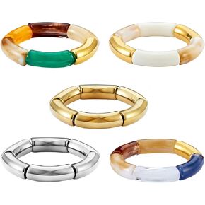 Ornaland Bamboo Tube Bangles Bracelets Chunky Curved Stacking Clear Acrylic Beads Stretch Bracelets Set Candy Color Friendship Couple Bracelets Gift for Women Men in Saudi Arabia