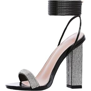 Women's Sparkly Rhinestones Sandals for Women Ankle Strappy Chunky Block Heels Sandals