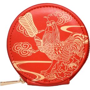 Feng Shui Red Rooster Coin Purse Chinese Zodiac Good Luck Family Harmony Unisex Wallet Handheld Bag