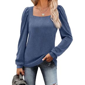 تي شيرت نسائي بأكمام طويلة ورقبة مربعة وأكمام منتفخة كاجوال فضفاضة من MIHOLL in Kuwait